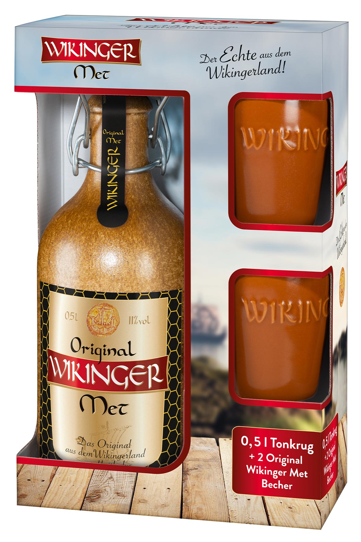 Honigwein-Met.de Online-Shop - Original Wikinger Met Set - 0,5l Tonflasche  mit 2 Tonbecher