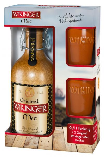 Original Wikinger Met Set - 0,5l Tonflasche mit 2 Tonbecher